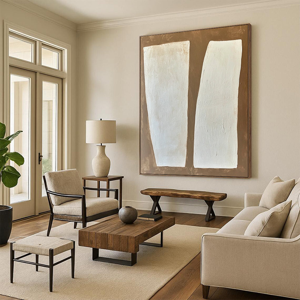 Large contemporary hand-painted abstract art featuring white rectangular forms on a textured brown and white background with soft edges and a minimalist style. DLZ1750