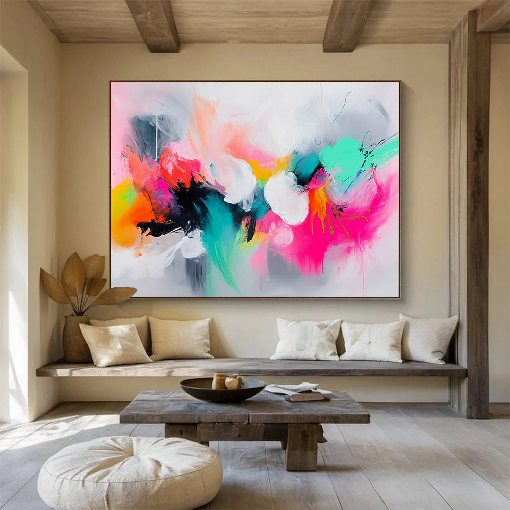 “Colorful Abstract Expressionist Burst” - Pink, orange, green, blue, white; Vibrant abstract expressionist; Acrylic Painting On Canvas HB1260