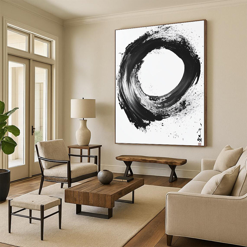 Black and White Textured Circle "Rough Zen" Painting On Canvas HB274