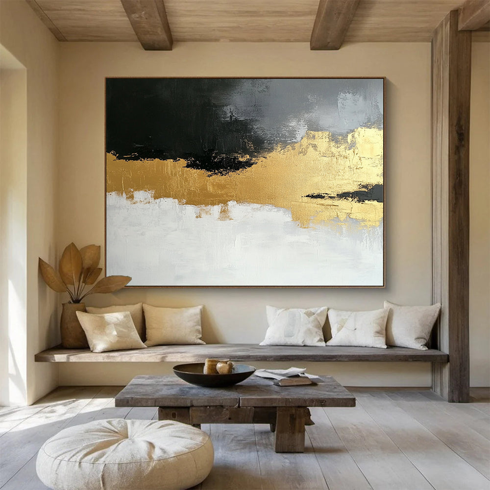 “Gold - Gray Abstract Fusion” - Gold, Gray, Textured Swirls Painting On Canvas HB0806