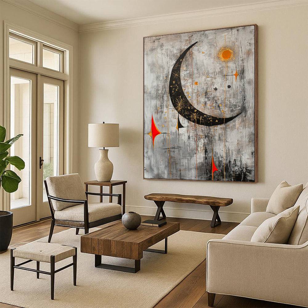 Gray, Black, Gold, Orange and Red Celestial Motifs "Starry Night Revisited" Painting On Canvas HB335