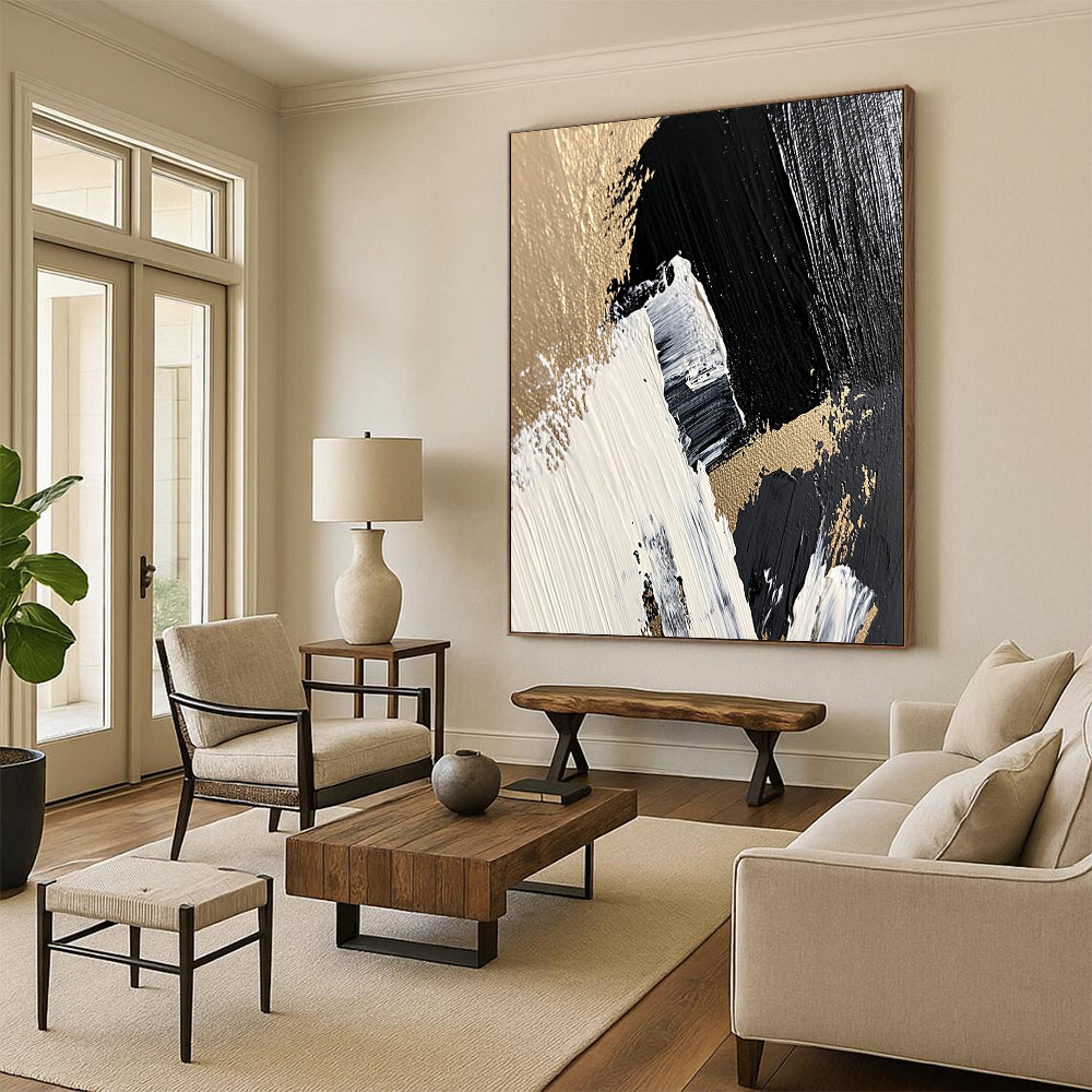 Black, White, Gold, Brush Strokes "Gilded Impasto Energy" Abstract Expressionist Painting On Canvas HB167