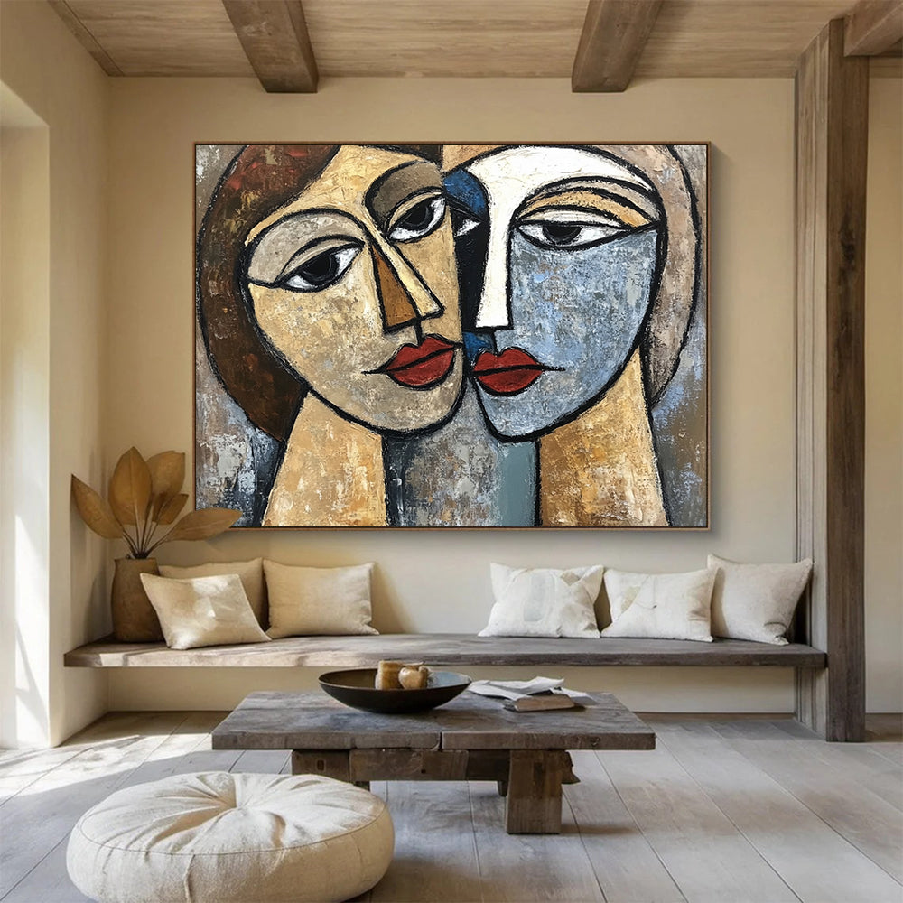 “Two Faces In Cubism” - Beige, Blue, Brown, Cubist Figurative Painting On Canvas HB0681