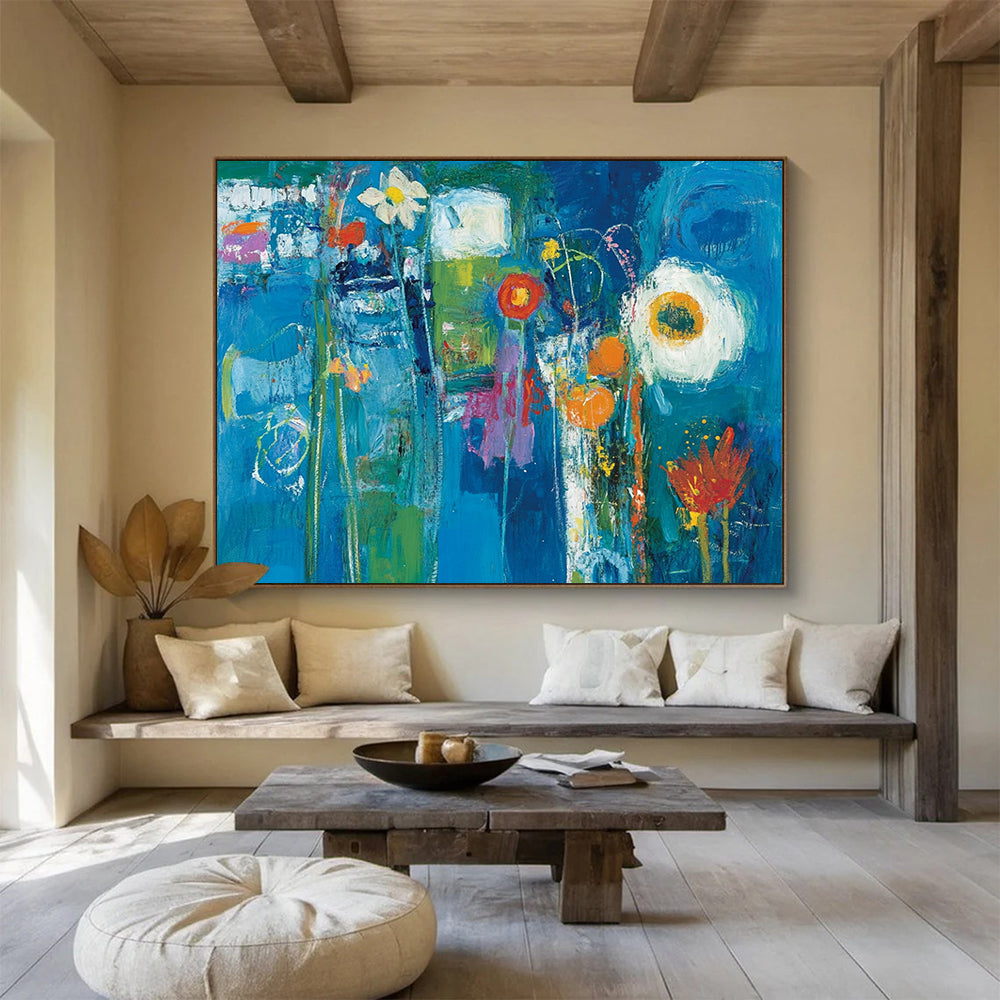 “Blue Floral Fantasy” - Deep blues, greens, oranges, whites; Abstract flowers in a vibrant blue dream; Expressionistic Acrylic Painting On Canvas HB1182