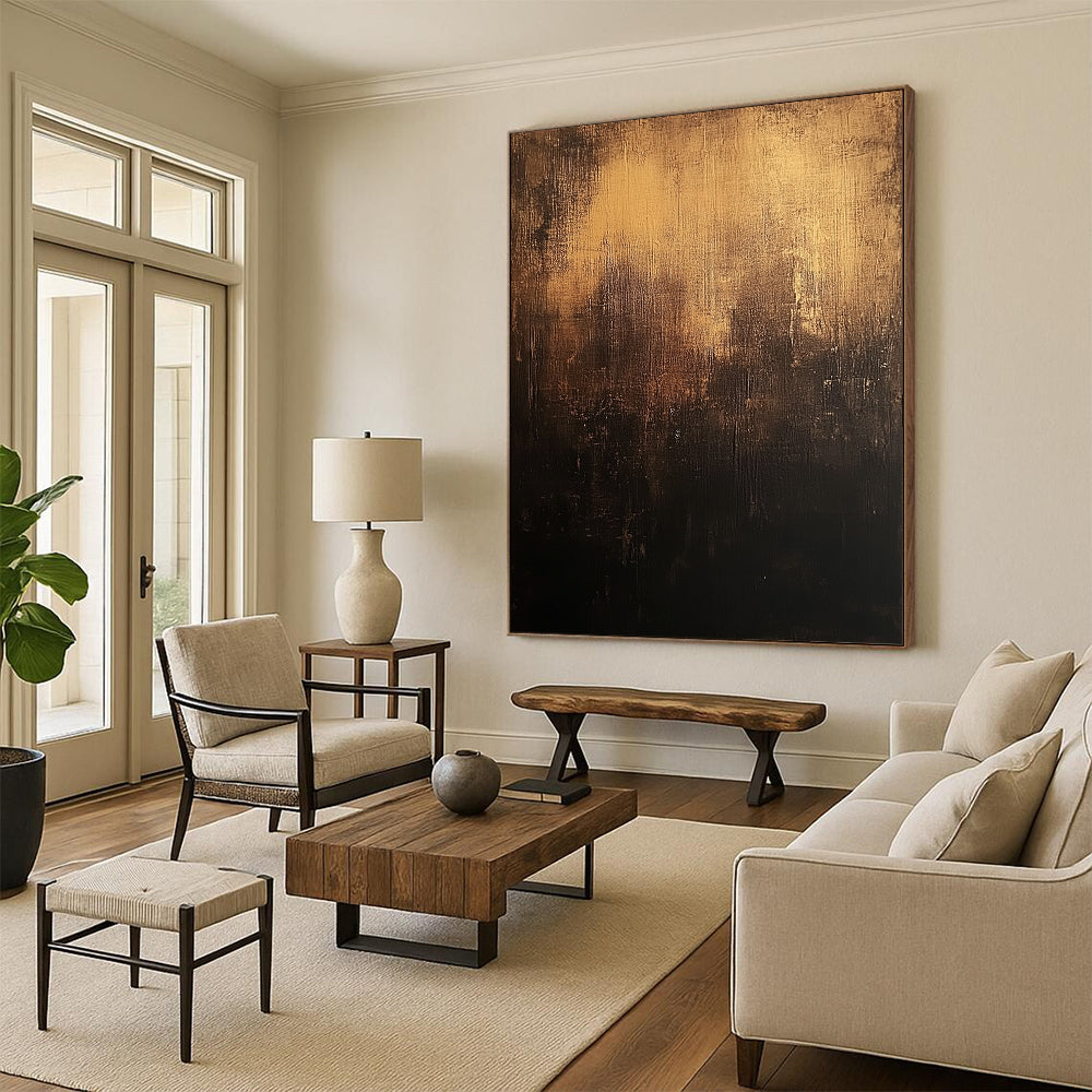 Contemporary abstract art features a dark brown distressed background with textured dark grays and subtle gold accents in a captivating style. DLZ1241