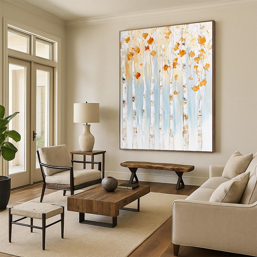 Contemporary abstract artwork featuring birch trees with gold and white leaves against a light blue background with textured brush strokes and floral accents. DLZ0976