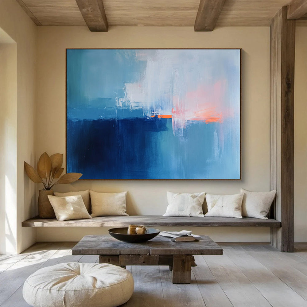 “Soft Blue - Orange Horizons” - Blue, Orange, White, Abstract Seascapes - Color - Field Acrylic Painting HB1520