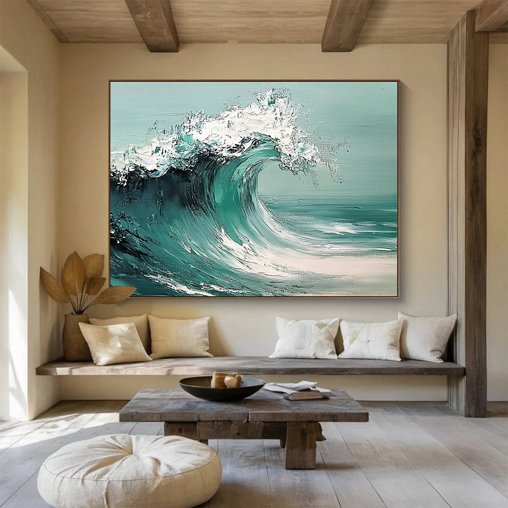 “Dynamic Teal Wave” - Teals, Whites, Greens, Ocean Wave - Palette Knife Oil Painting HB1580