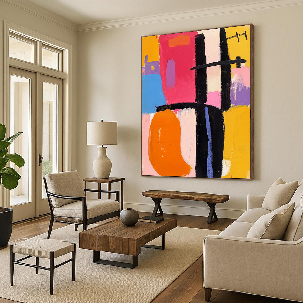 Bold contemporary abstract artwork featuring vibrant pink orange yellow blue black and purple shapes inspired by Frank Kline's dynamic style. DLZ0931