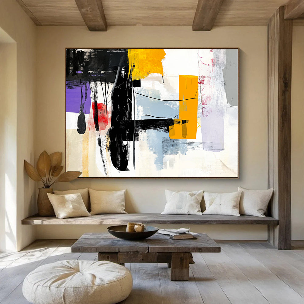 “Abstract Black, Yellow, and Colorful Shapes” - Black, Yellow, Colorful Palette, Abstract Shapes Painting On Canvas HB0863