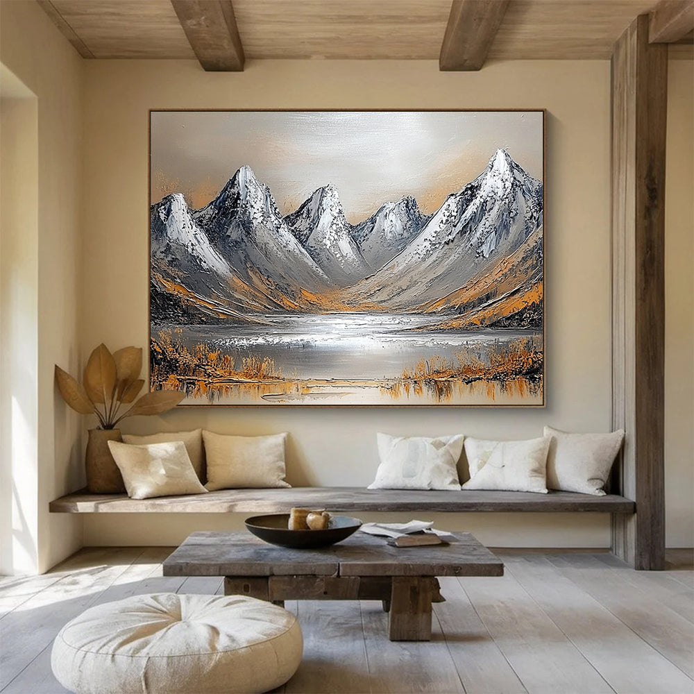 “Textured Mountain Landscape” - Gray, Brown, White, Textured Mountain Scene Painting On Canvas HB0969