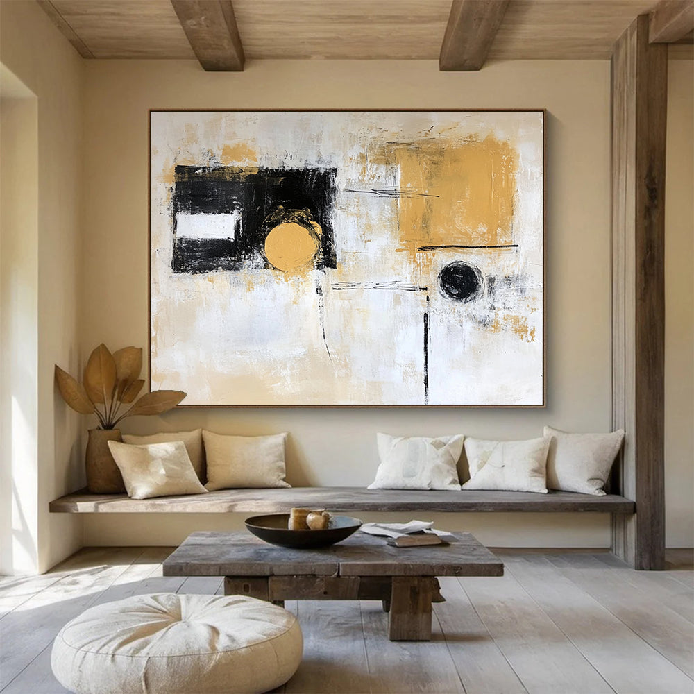 “Earthy Circles” - Beige, White, Black, Gold with Abstract Circles - Abstract Acrylic Painting HB1342