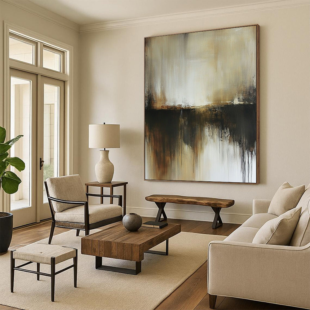 Contemporary hand-painted abstract art in neutral browns and greys evokes a dark grungy misty atmosphere with subtle beige and white tones. DLZ0528