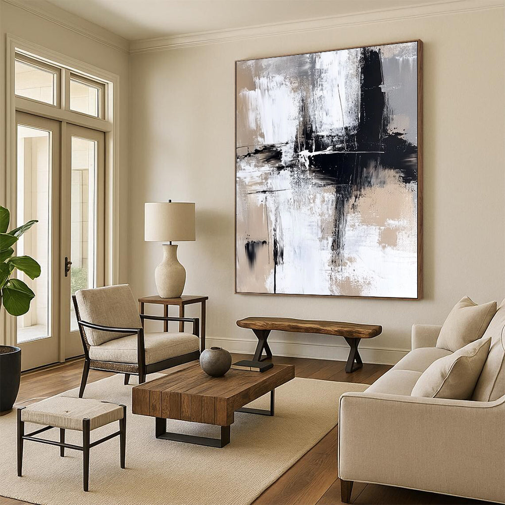 Contemporary hand-painted abstract art featuring bold brush strokes in neutral tones and striking paint splashes for a modern aesthetic. DLZ0306