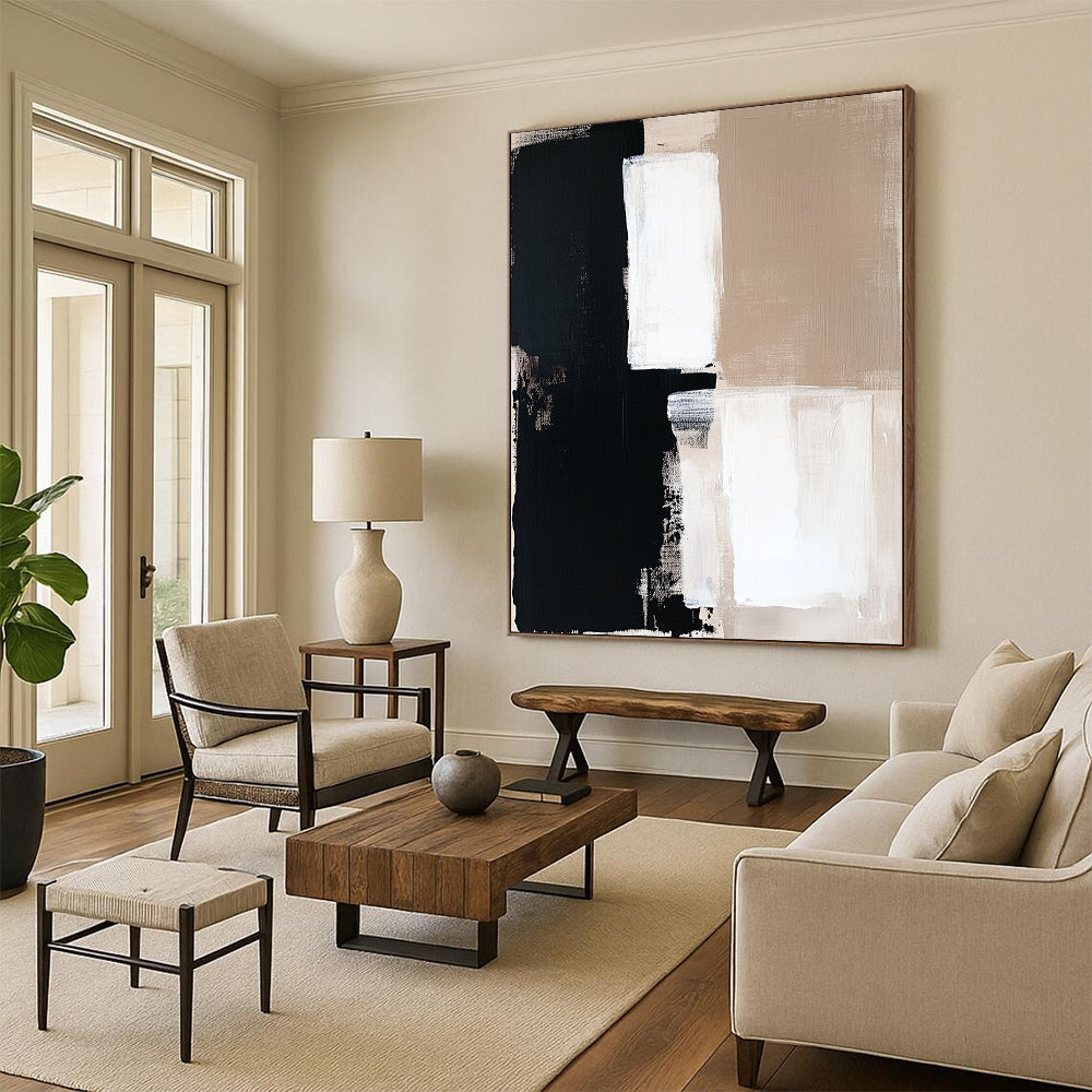 Contemporary hand-painted abstract artwork in beige and black tones, featuring white squares on a clean white background, perfect for modern decor. DLZ0694