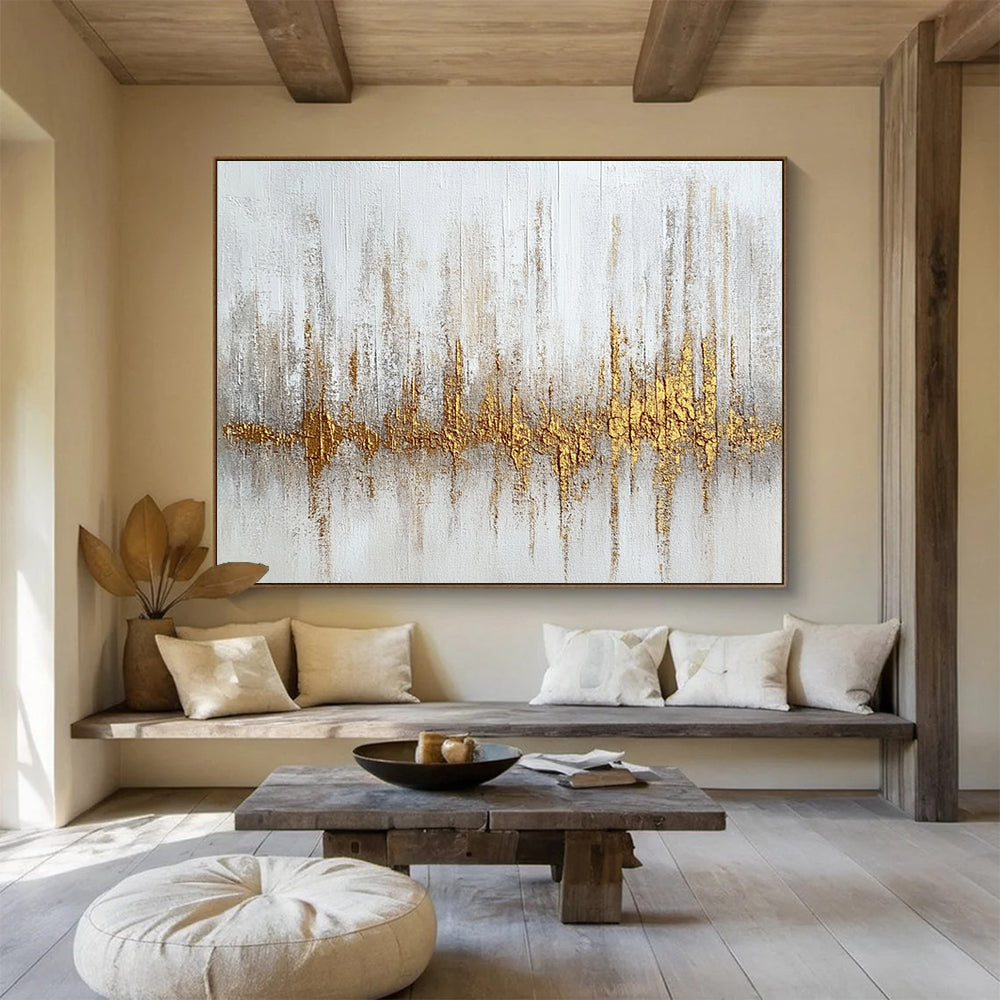 “Gilded Soundwave” - White, gold, gray; Textured gold soundwave on white; Mixed Media Painting On Canvas HB1207
