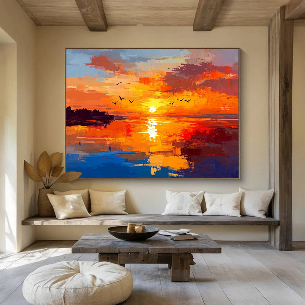 “Fiery Sunset Seascape” - Orange, Red, Yellow, Blue, Purple - Impasto Sunset Over Water - Oil Painting HB1324