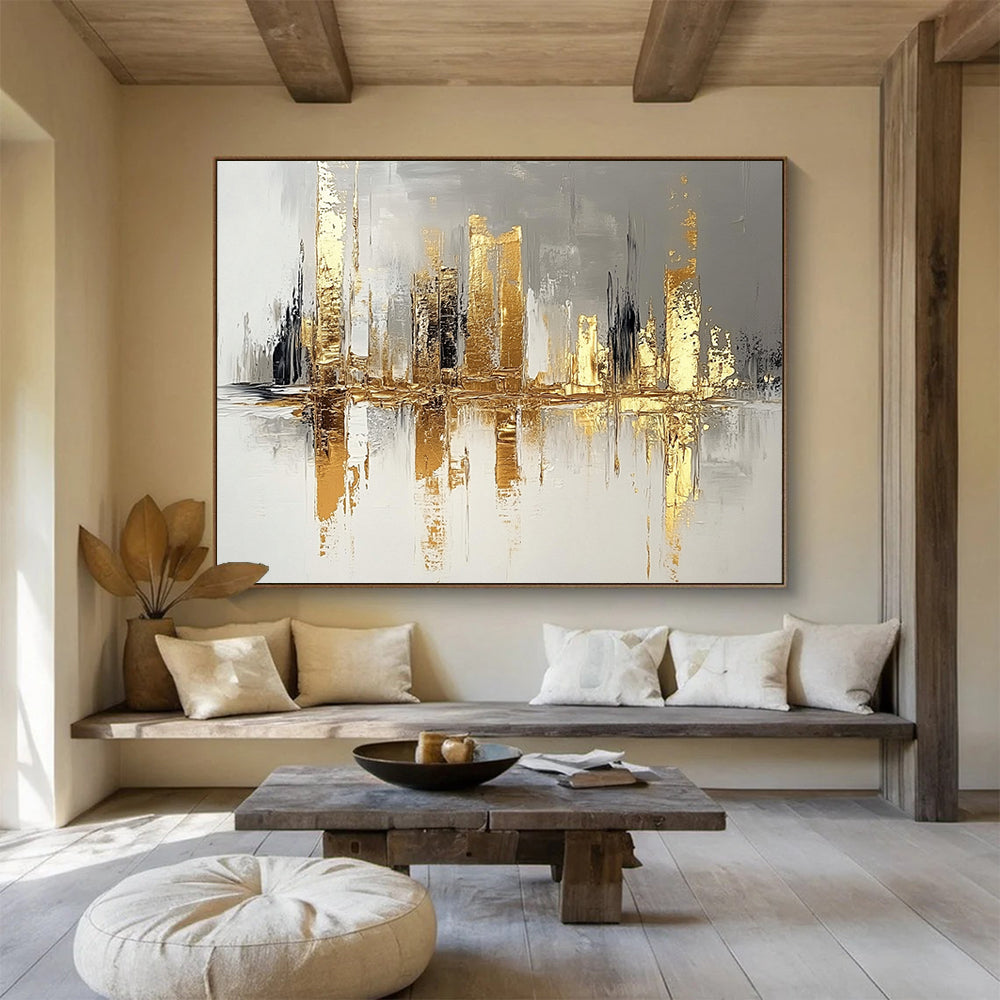 “Gilded Metropolis Reflection” - Gold, Gray, White, Abstract Cityscape with Water Reflections Painting On Canvas HB1084