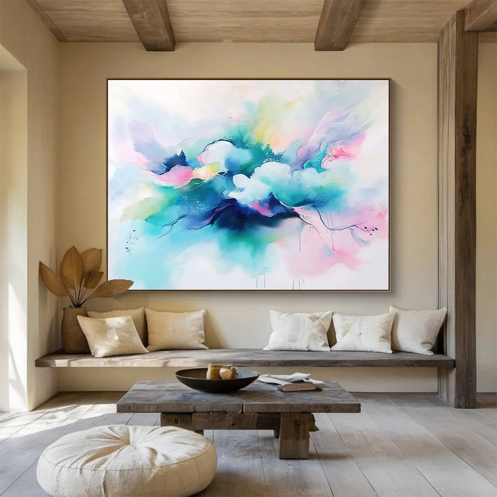 “Colorful Cloud Drift” - Blue, Pink, Green, Watercolor - like Abstract Clouds Painting On Canvas HB1046