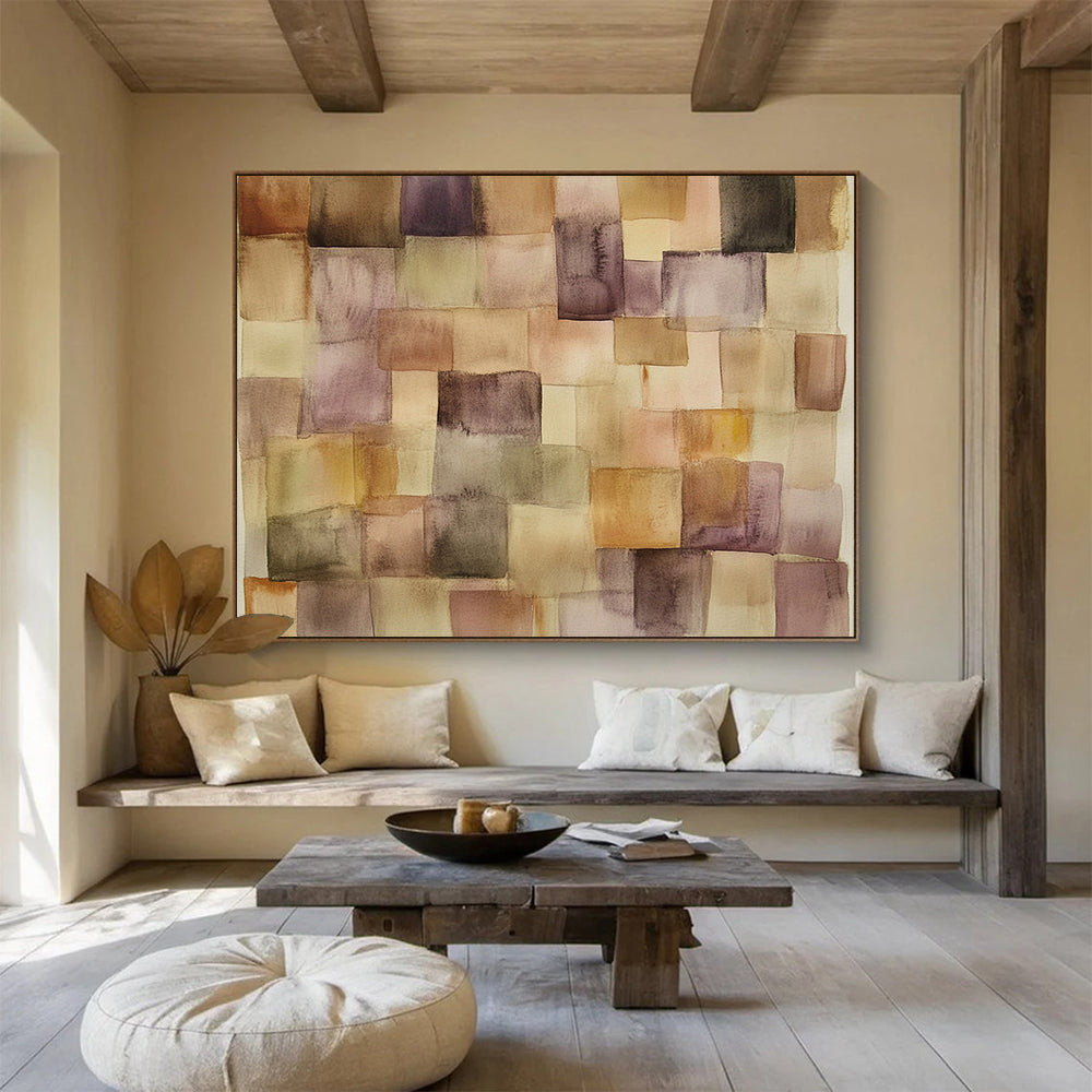 “Watercolor Square Patchwork” - Brown, Purple, Beige, Softly Blended Square Shapes - Watercolor Painting HB1768