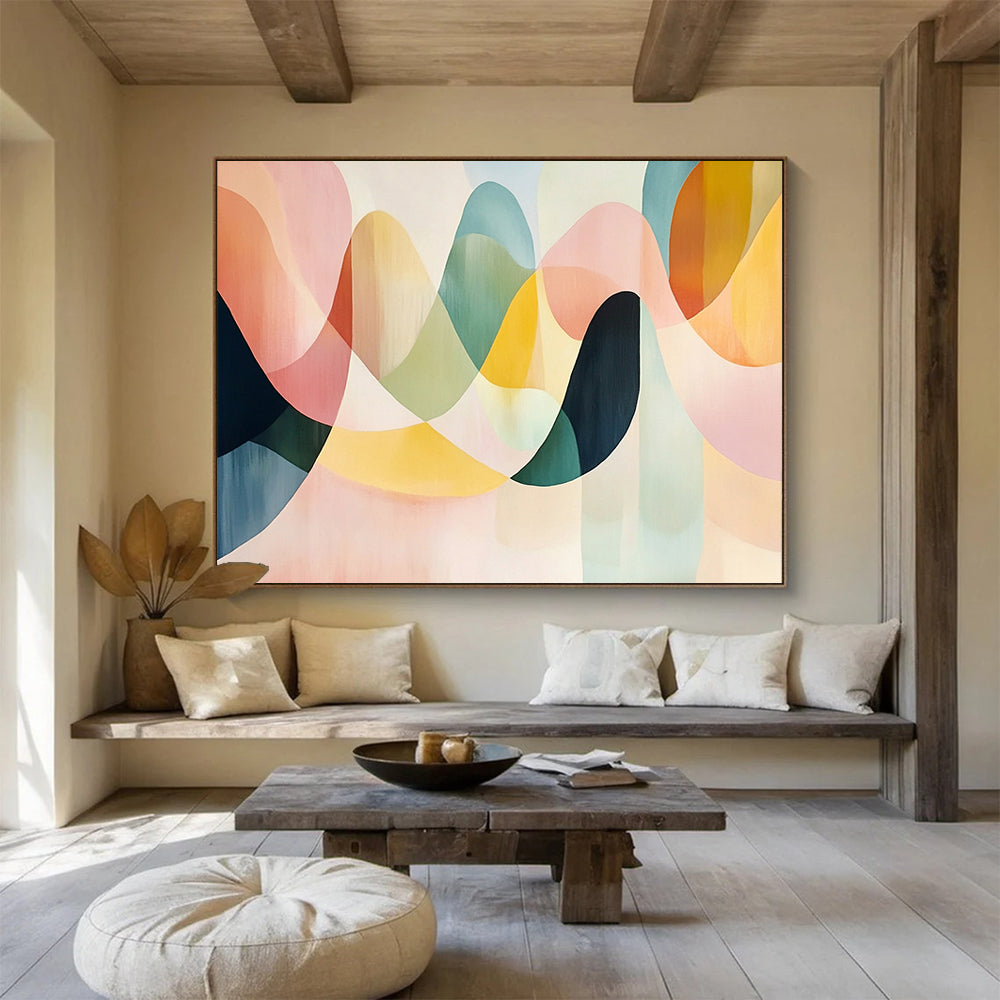 “Colorful Wavy Shapes” - Pastel pink, green, yellow, Abstract Geometric Painting HB0629