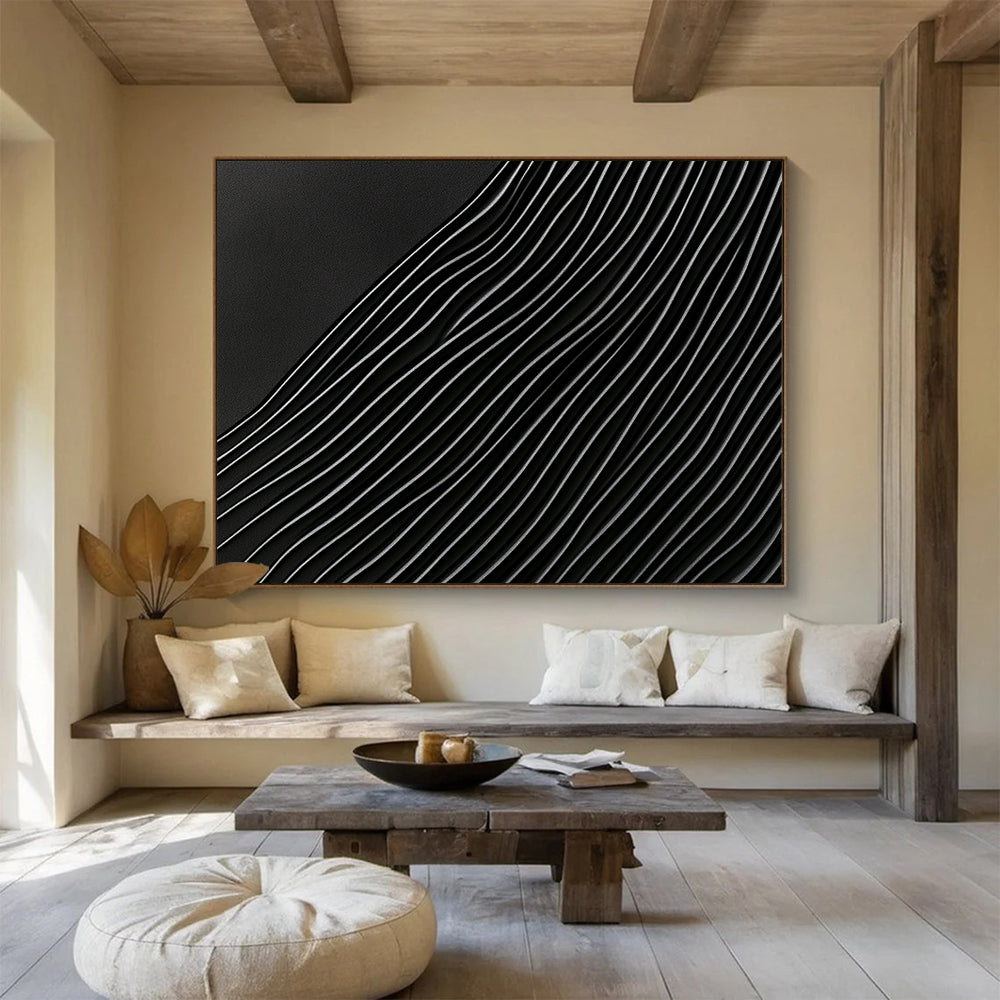 “Curved Black & Silver Lines” - Blacks, Silvers, Abstract Wave Lines - Mixed Media Art HB1623