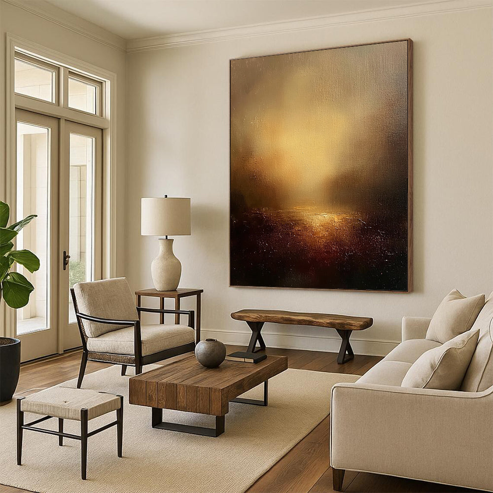 Contemporary abstract painting featuring an ethereal landscape with warm tones golden light and textured canvas against a dark sky backdrop. DLZ0458