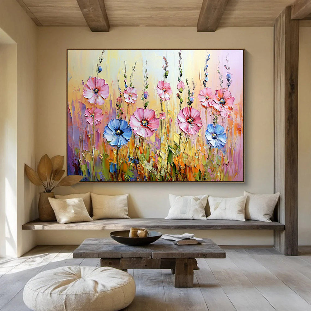 “Vibrant Wildflower Field” - Pinks, Blues, Yellows, Lively Wildflower Meadow - Impasto Oil Painting HB1718