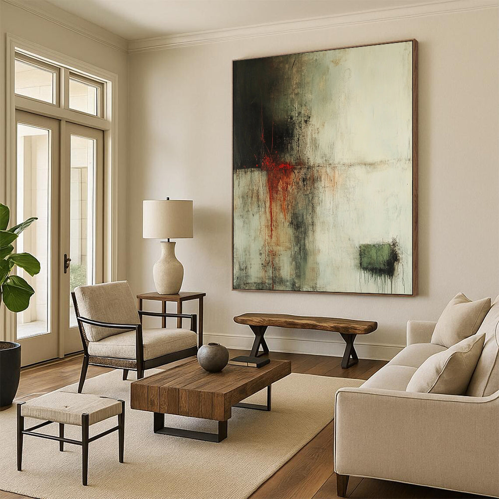 Contemporary hand-painted abstract art featuring faded whites dark browns and vibrant reds with atmospheric effects and soft edges. DLZ0902