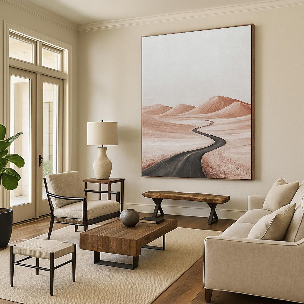 Contemporary abstract painting featuring a tranquil desert road with distant hills in subtle light browns and grays against a white background for serene ambiance. DLZ1451