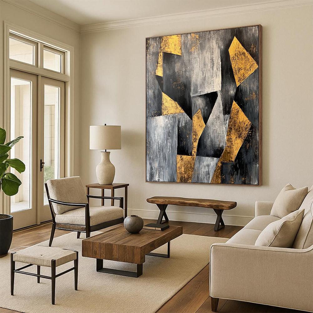 Gray, Black, White, Gold, Angular Shapes "Golden Structure" Abstract Modernist Painting On Canvas HB080