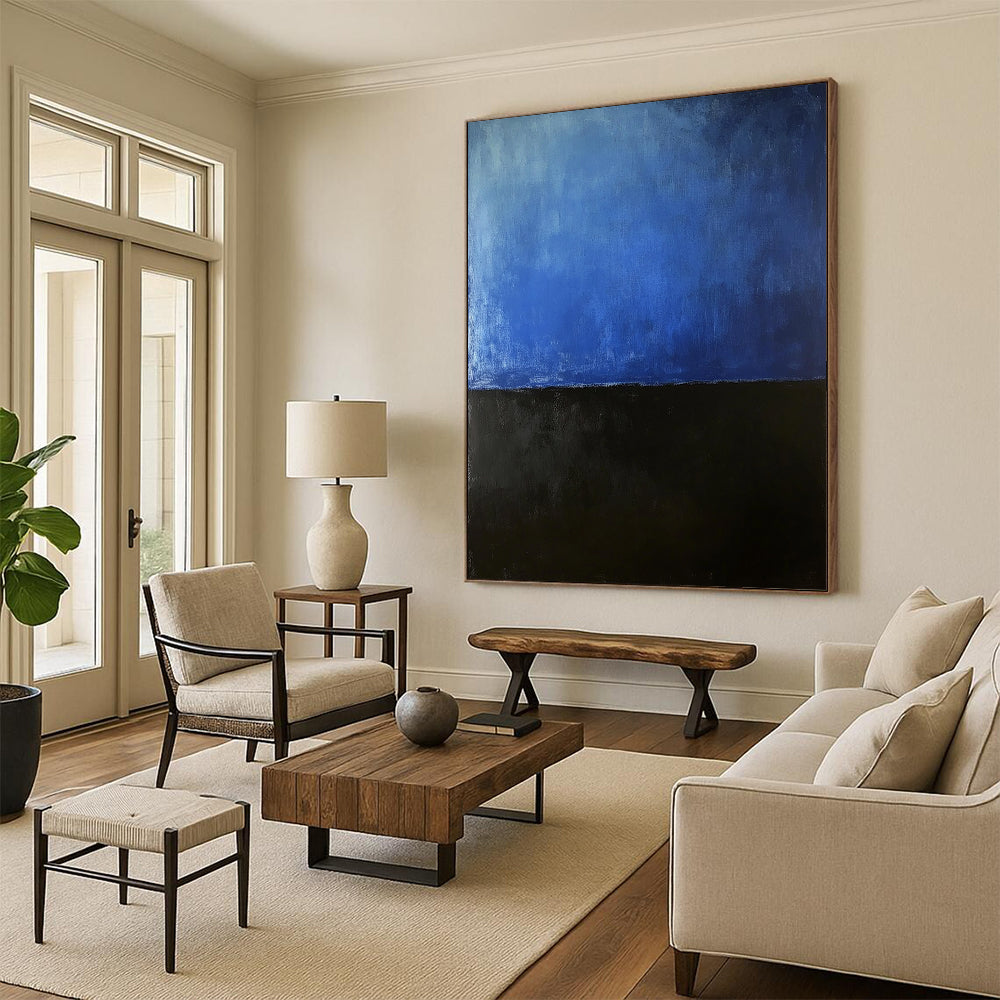 Contemporary hand-painted abstract artwork featuring dark navy and soft gradient sky-blue evokes mystery solitude and introspection. DLZ1592