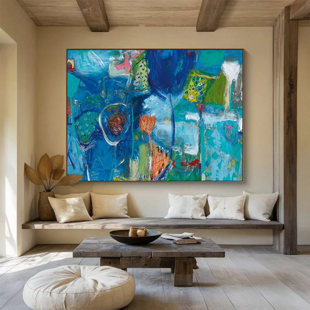 Blue Abstract Flower Field - Whimsical Living Room or Nursery Decor DLZ245