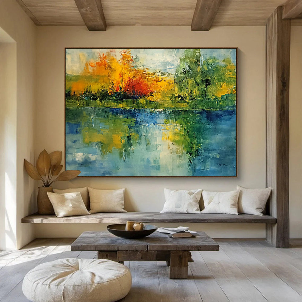 “Colorful Lake Reflection” - Green, Blue, Yellow, Abstract Tree Reflections Painting On Canvas HB0949