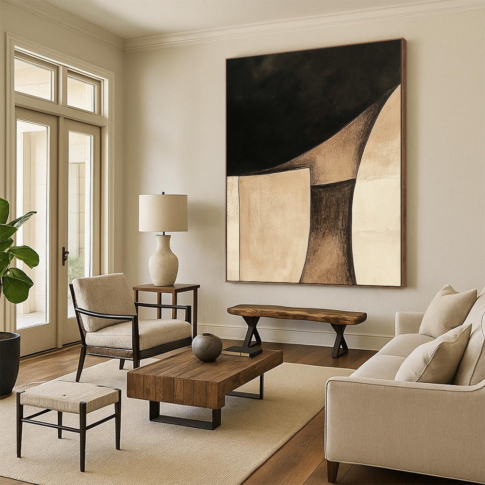 Contemporary hand-painted abstract art features minimalist Japandi style with beige and brown shapes on a black background and soft watercolor washes. DLZ1611