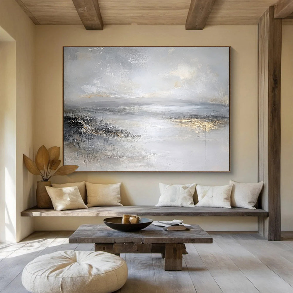 “Gray - Gold Abstract Waterscape” - Gray, Gold, Abstract Waterscape Painting On Canvas HB1111