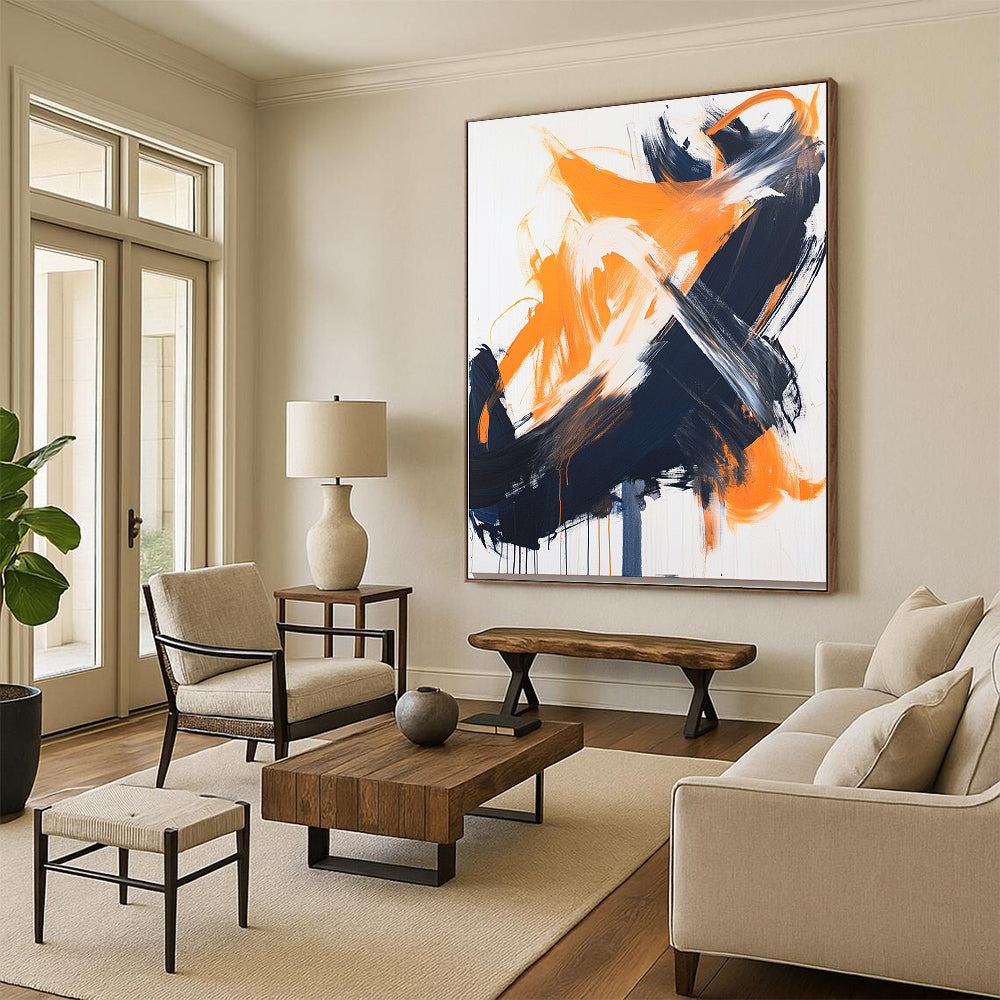 White, Orange, Black, Gray, Bold Brushstrokes "Fiery Clash" Abstract Expressionist Painting On Canvas HB056
