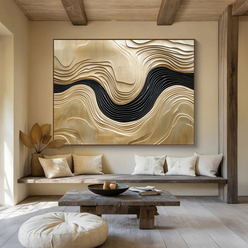 “Wooden Wave Carvings” - Light Wood, Black, 3D Abstract Wave Forms - Wood Art HB1634