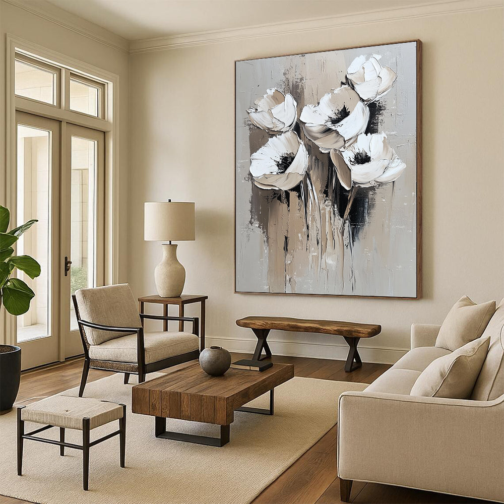 Contemporary abstract painting featuring white flowers with minimal detail in oil strokes on a grey background perfect for modern decor. DLZ0671