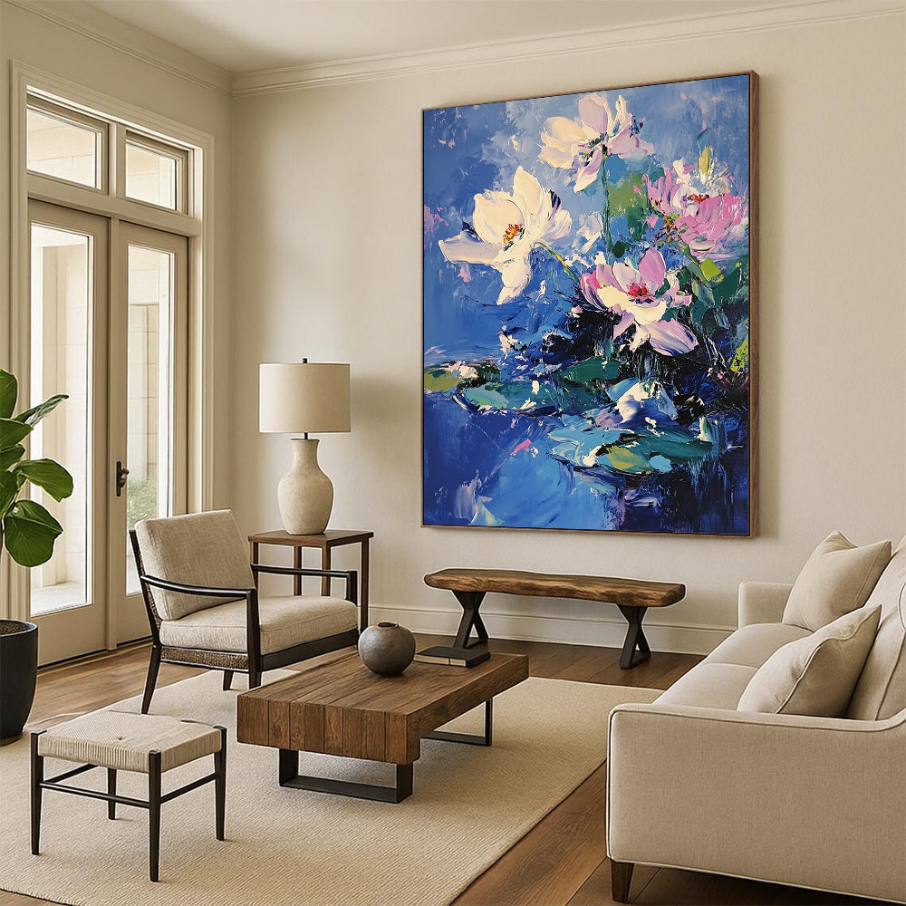 Contemporary abstract painting featuring bold brushstrokes and vibrant lotus flowers with pink accents on blue water, creating depth and movement through light and shadow. DLZ0377