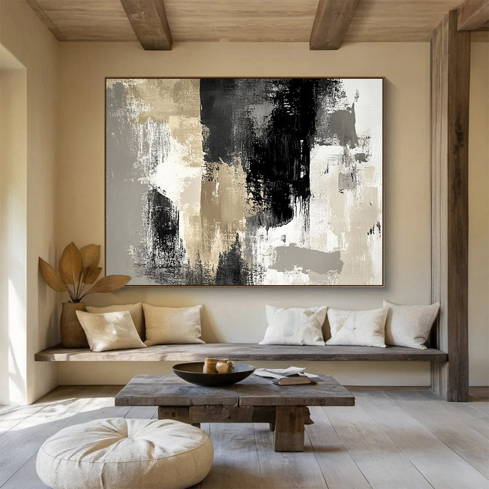 “Neutral Abstract Textures” - Beige, Gray, Black, White, Layered Textured Abstract Painting On Canvas HB0962