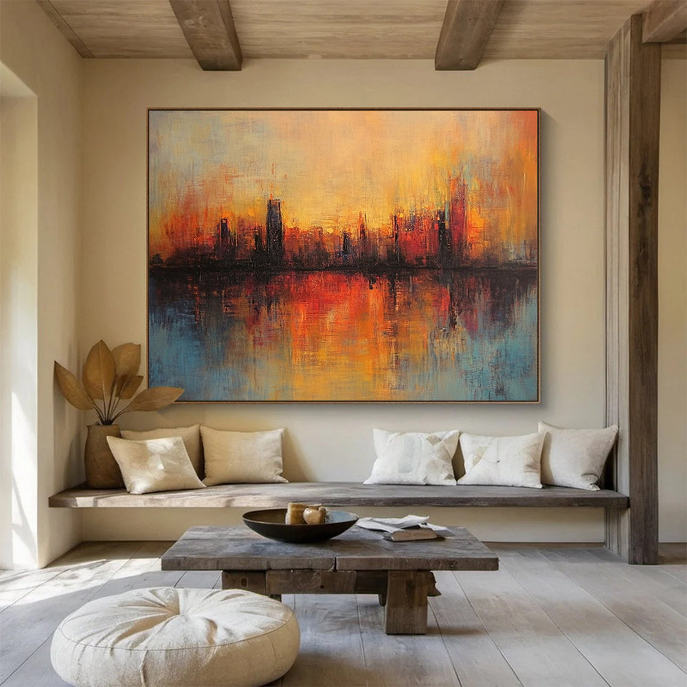 “Sunset City Reflection” - Orange, Red, Blue, Abstract City Sunset Reflection HB1135