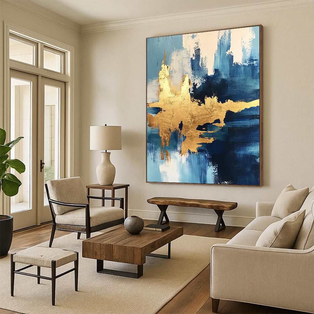 Contemporary abstract painting featuring ocean themes and textured gold foil accents for a luxurious artistic expression. DLZ0343