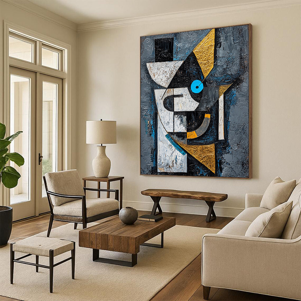 Gray, Black, White, Gold and Blue Cubist - Inspired "Abstract Portrait" Painting On Canvas HB319