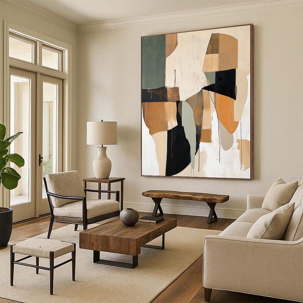 Contemporary abstract painting showcases loose brushwork with earthy beige and sage green shapes accented by brown black white and orange. DLZ0755