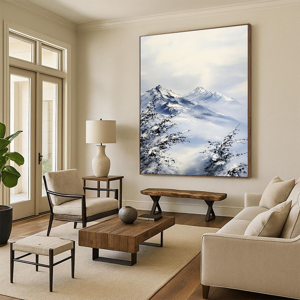 Contemporary hand-painted abstract artwork featuring textured snow-capped mountains in gray and blue tones with an impressionist style and visible brushstrokes. DLZ1683