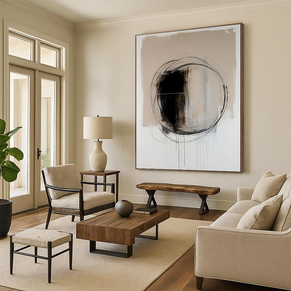 Contemporary hand-painted abstract artwork featuring a black oval with dynamic brush strokes on a serene light beige background. DLZ1010