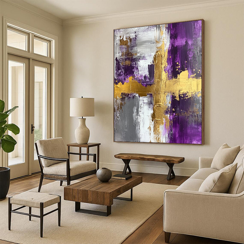 Contemporary painted abstract art features acrylic on textured canvas with gold foil accents in purple and grey, highlighted by a central cross shape. DLZ0276