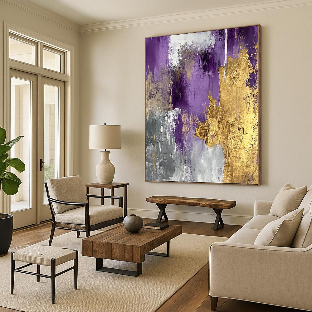 Contemporary hand-painted abstract art features gold and silver foil on a lilac palette, creating elegance and serene sophistication with metallic accents. DLZ0275