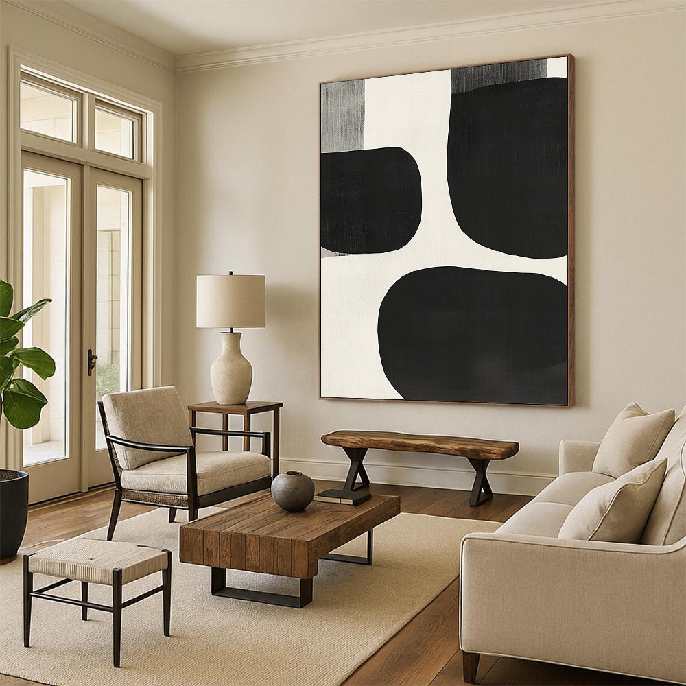 Contemporary hand-painted abstract artwork featuring black and white shapes, overlapping organic forms, soft edges, and a minimalist style inspired by mid-century modern design. DLZ1552